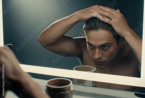 Focused young man styling hair with product closeup in front of a bathroom mirror, applying clay or pomade while getting ready