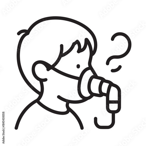 A simple line drawing depicts a person using an inhaler for breathing