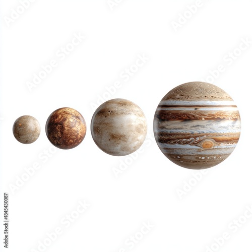 Four planets of varying sizes are displayed in a row against a white background.