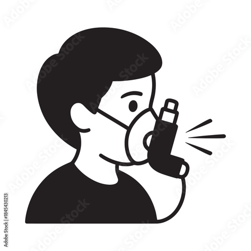 A simple black and white illustration of a person using an inhaler