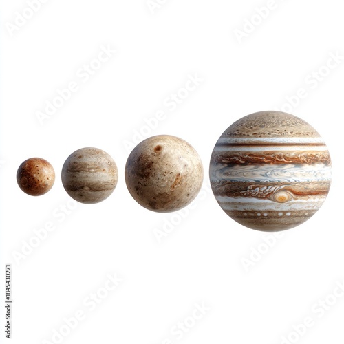 The Galilean moons of Jupiter are shown in decreasing size against a white background.