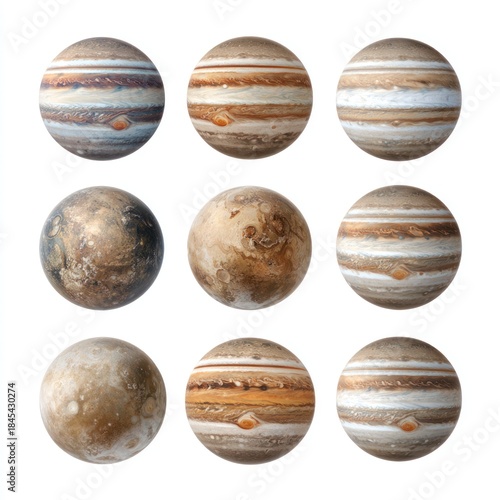 Collection of nine diverse artistic representations of the planet Jupiter against a white background.