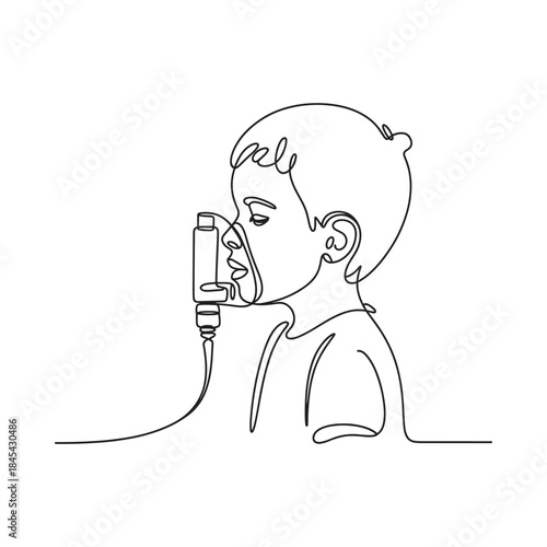 Line art illustration of a child using an inhaler for respiratory relief