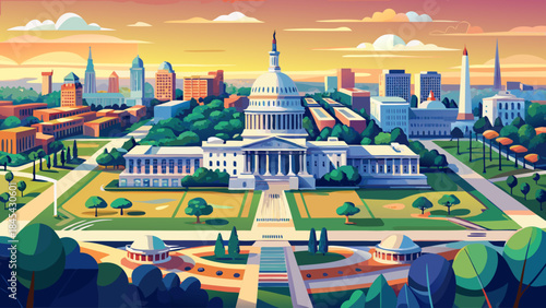 Very beautiful aerial panoramic view of Washington DC highlighting the US Capitol and National Mall, organized city layout, soft lighting, and elegant vector illustration perspective.