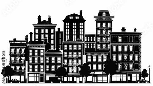 Silhouette of a row of diverse city buildings with trees and streetlights.