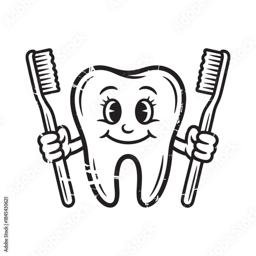 A smiling cartoon tooth cheerfully holding two toothbrushes in its hands