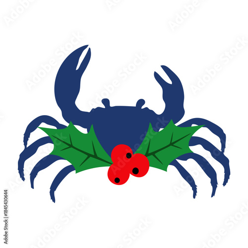 Logo con silueta de cangrejo con hojas y bayas de acebo para tarjetas y felicitaciones de Navidad