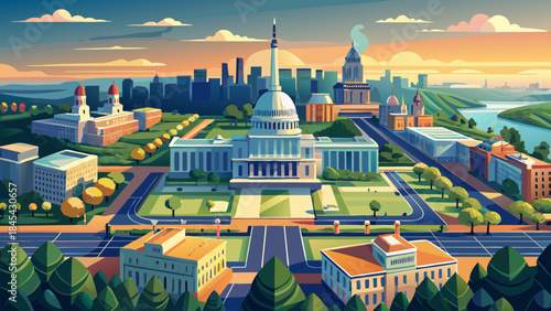 Very beautiful aerial panoramic view of Washington DC highlighting the US Capitol and National Mall, organized city layout, soft lighting, and elegant vector illustration perspective.