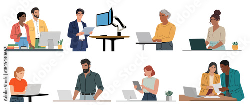 Set of diverse professionals working in separate modern office scenes with desks, laptops, and collaboration. Flat minimalist vector illustrations isolated on transparent background 