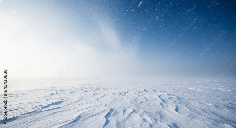 Obraz premium Wide shot of snow-covered field under a blue, overcast sky. Snowflakes are visible, symbolizing winter landscapes and cold temperatures.