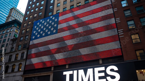 Large American flag displayed on building facade in Times Square New York
