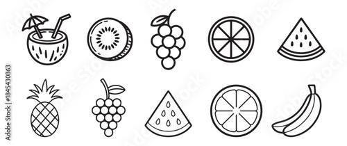 A collection of black and white line art illustrations depicting various fresh fruits like pineapple banana and watermelon