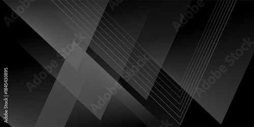 Modern black white abstract background. Minimal. Gradient. Dark grey banner with geometric shapes, lines, stripes, triangles. Design. Futuristic. Cut paper or metal effect. Origami, mosaic, geometry.