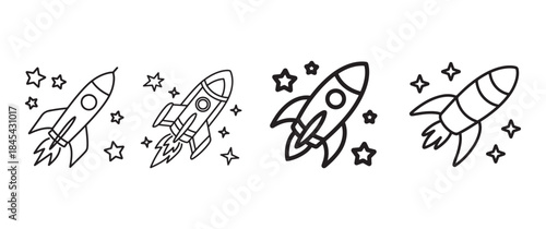 A collection of four simple black and white rocket ship illustrations surrounded by scattered star shapes depicting space exploration