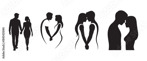 Silhouettes of couples walking and embracing showcasing varying stages of connection and intimacy in a minimalist design