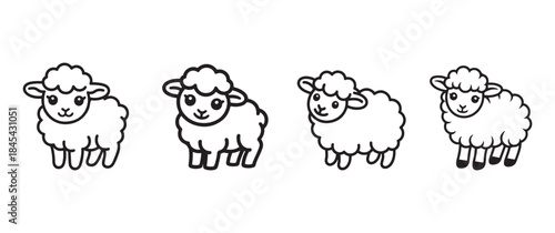a simple black and white illustration depicts four cartoon sheep standing in a row facing forward