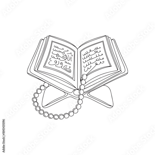 An open book with arabic calligraphy and prayer beads resting on top a beautiful monochrome illustration