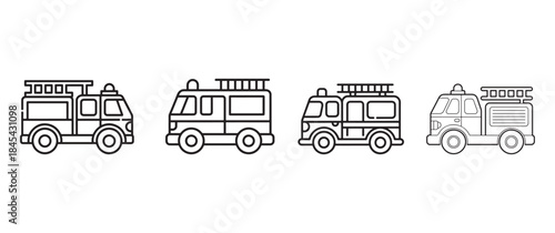 A collection of four distinct black and white line art illustrations depicting different styles of fire trucks