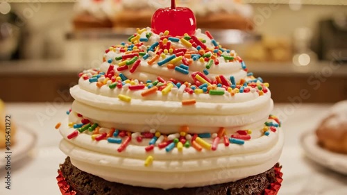 Delicious Chocolate Cupcake with Creamy Frosting and Colorful Sprinkles.