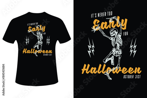 Black halloween t shirt design with skeleton and orange text