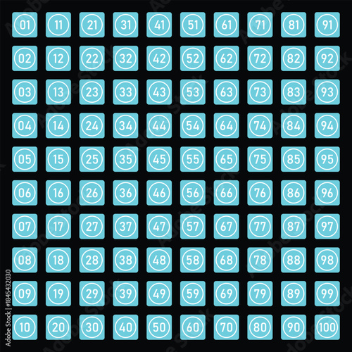 Vector Countdown Grid Numbers 01-100 Collection Blue and White High-Contrast Modern Symbol Pack.