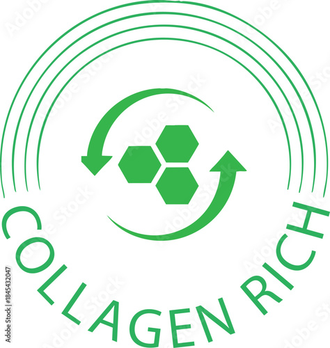 Collagen rich icon with honeycomb structure and circular arrows representing skin care and beauty products isolated 