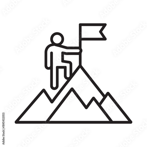 A person climbing a mountain and raising a flag on top