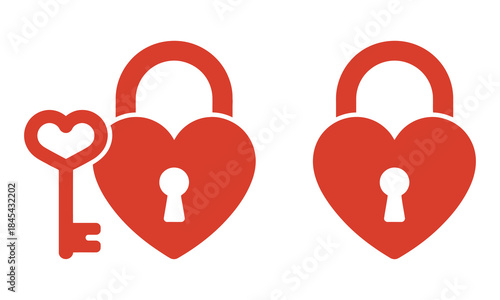 Red Heart Padlock and Key Icon Set, Romantic Love Lock Symbol Graphic, vector illustration 