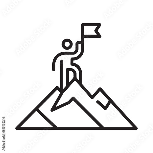 A person reaching the summit of a mountain raising a flag victoriously