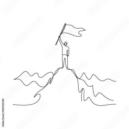 A simple line drawing of a person celebrating victory atop a mountain
