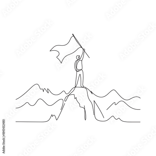 A person raising a flag on a mountain peak simple line art