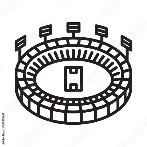 Simple line drawing of a stadium with floodlights and a central field