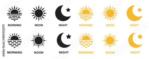 Morning Noon Night Celestial Icon Set, Sun Moon Weather Time Graphic, vector illustration 