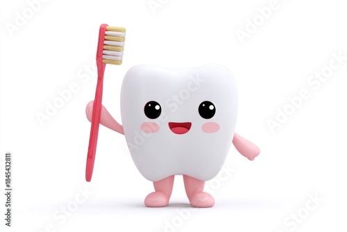 A happy tooth character holds a toothbrush, promoting dental hygiene and oral health.
