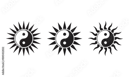 Yin Yang Sun Symbol Set, Balance Harmony Spiritual Graphic Tattoo, vector illustration 