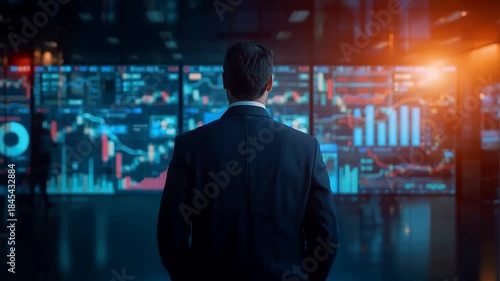 Business Executive Reviewing Real Time Data Dashboards on Large Screens Inside Control Room Showing Analytics and Decision Making