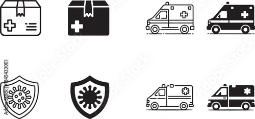 Essential medical and emergency service icons set including first aid kit ambulance vehicles and virus protection shields