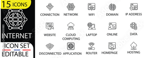 Internet and cloud connectivity vector icon set for interface.internet, connection, network, wifi, technology, icon, web and more. outline vector icons collection. 