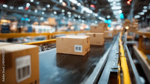 Cardboard box package moving on an automated conveyor belt through modern warehouse distribution center dynamic view of supply chain logistics for efficient shipping