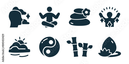 Zen harmony excellent icon collection. Set of mindful head, meditation pose, stones, radiant person, sunrise, yin yang, bamboo, and lotus water icons