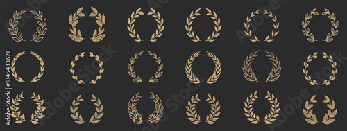 Luxury laurel wreaths with refined golden leaf shapes. Symmetrical circular forms convey prestige and achievement