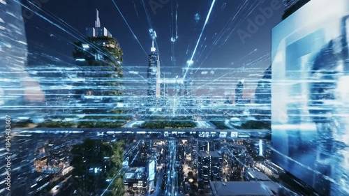 Futuristic Cityscape with Data Streams and Advanced Technology.