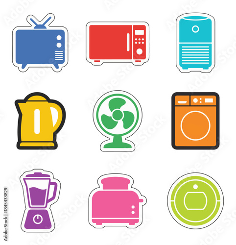 Colorful household appliance icons television microwave fan and more