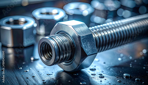 Detailed Bolt and Nut: High-angle shot showcases a close-up of a galvanized bolt intricately coupled with a nut, emphasizing the precision engineering and industrial aesthetics.