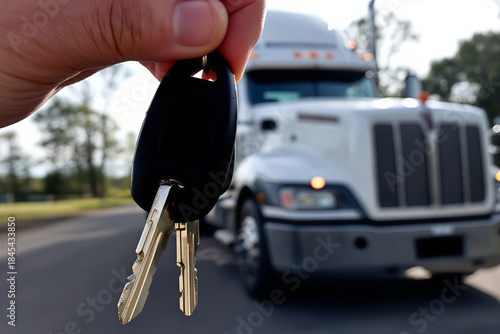 Keys to Commercial Semi Truck in Hand. Transportation, Logistics, Delivery Business, Owner Operator Opportunity.