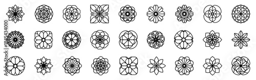 Floral geometric mandala ornaments with thin line symmetry. Balanced shapes create decorative and meditative visuals