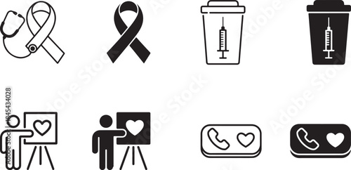 Essential medical health and social care flat line and solid style icon set vector graphic design elements