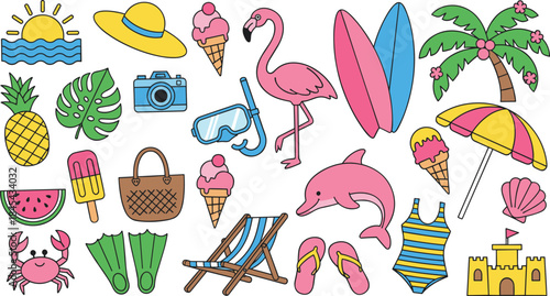 Hand-drawn illustration bundle depicting travel and seaside fun with accessories like a sun hat, camera, watermelon, pineapple, and flippers, perfect for children's projects.
