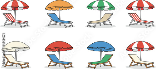 Doodle-style graphic elements depicting essential coastal vacation equipment, including folding loungers and shading umbrellas for a perfect day at the seaside.