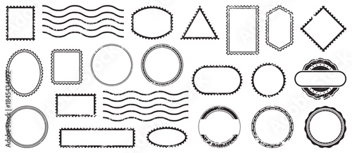 Vintage stamp style frames with rough distressed edges. Various geometric shapes create classic postal aesthetics